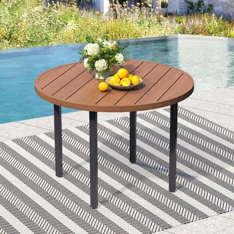42 Inch Round Outdoor Dining Table for 4 Metal Patio Table with Umbrella Hole Small Outdoor Cocktail Table for Garden Walnut