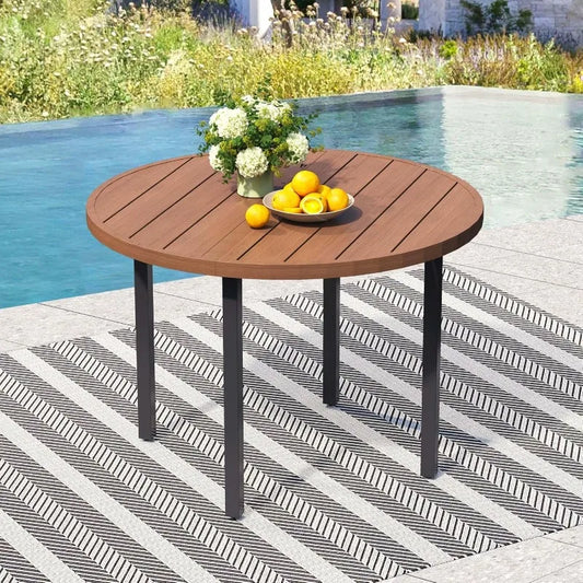 42 Inch Round Outdoor Dining Table for 4 Metal Patio Table with Umbrella Hole Small Outdoor Cocktail Table for Garden Walnut