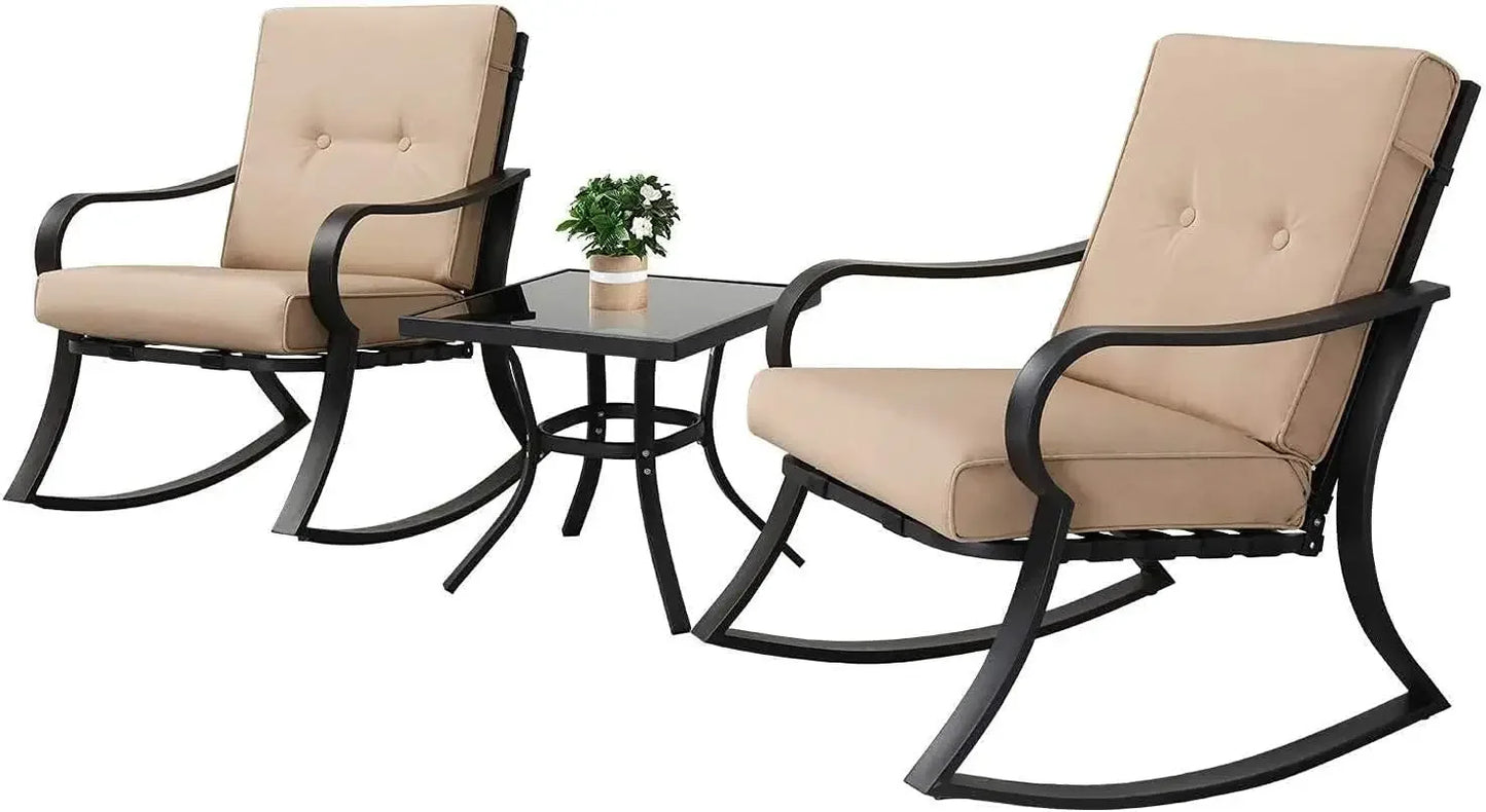 Furniture 3 Piece Conversation Bistro Set Rocking Chairs with Glass Top Table Thick Cushions Black Steel
