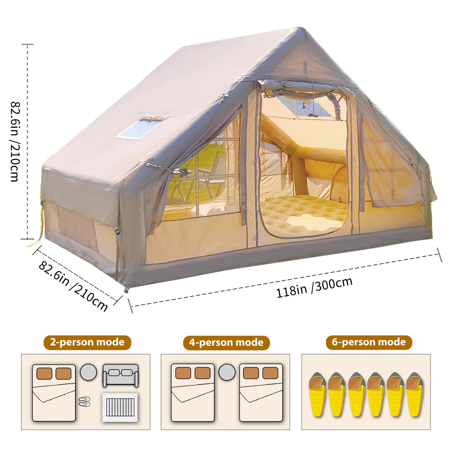 Inflatable Waterproof Tent with Hand Pump Oxford Fabric Camping Tent with Skylight 4 Season Family Tent for Camping