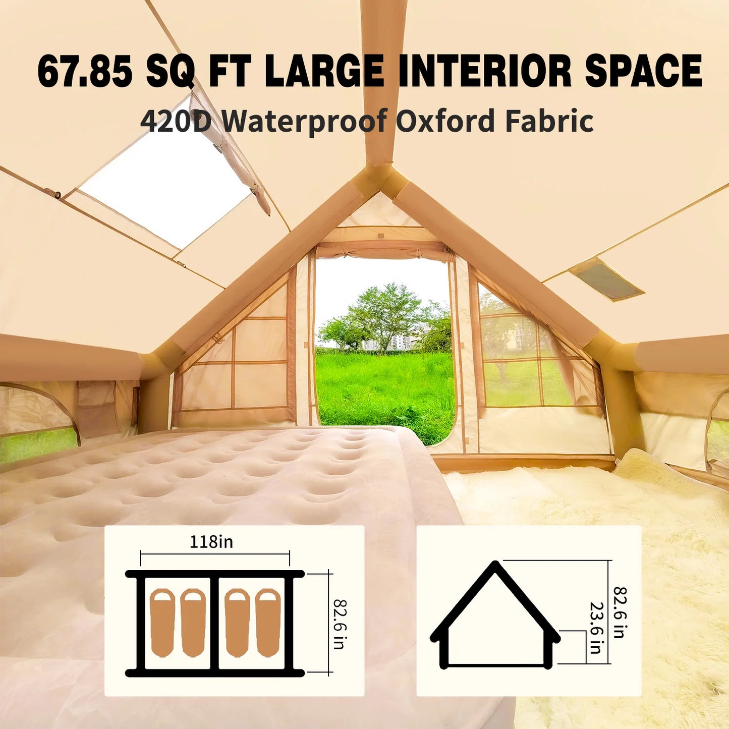 Inflatable Waterproof Tent with Hand Pump Oxford Fabric Camping Tent with Skylight 4 Season Family Tent for Camping