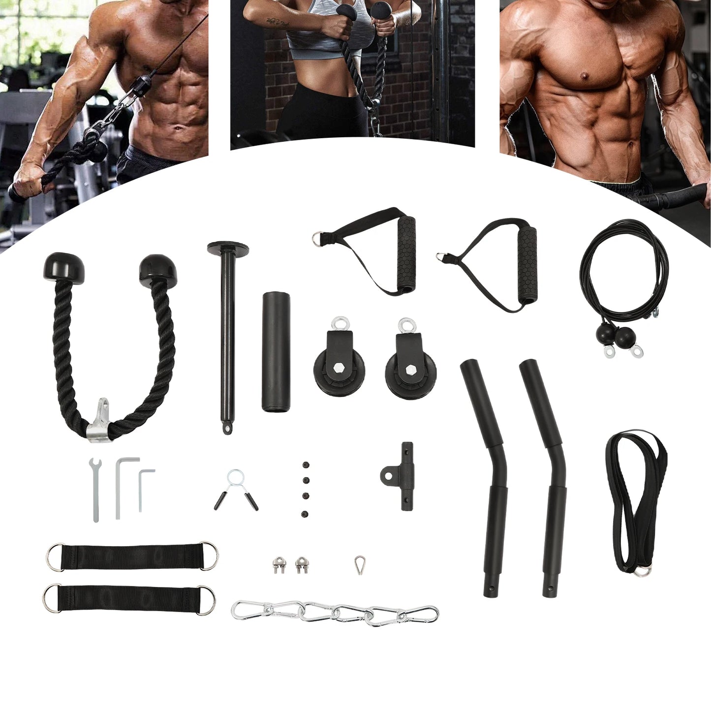 Family Gym Fitness Equipment with Handle and Adjustable Length Cable for Biceps Curl and Triceps Pull Down