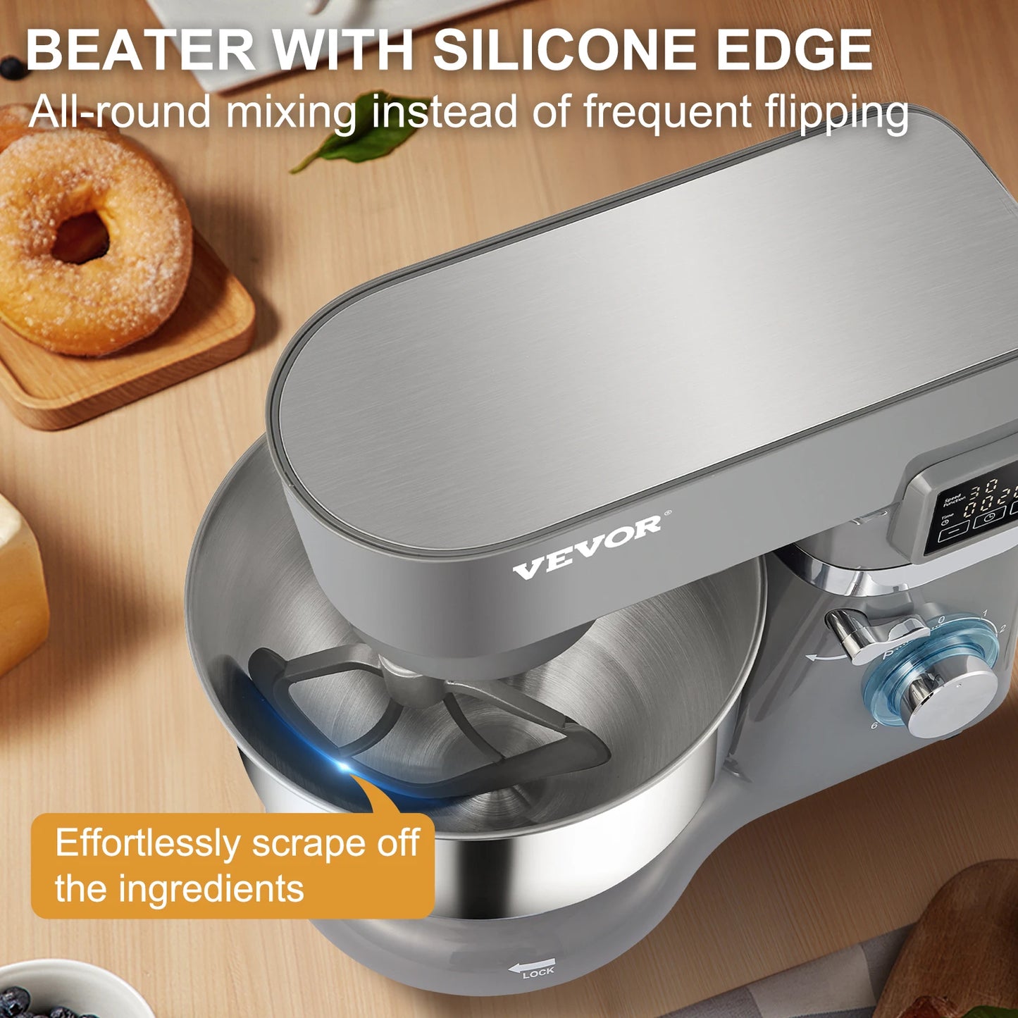 VEVOR 5.5/7L Electric Stand Mixer with 6 Speeds LCD Screen Timing Food Mixer Cream Egg Whisk Dough Kneader with Stainless Steel Bowl