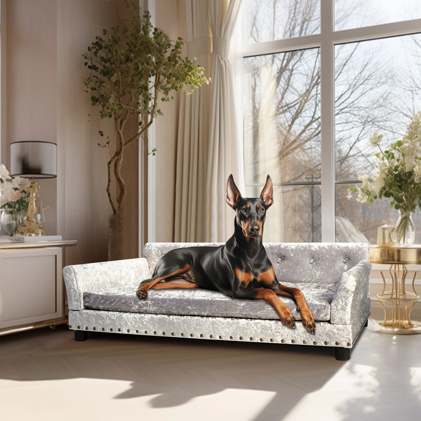 Dutch Velvet Pet Lounge Chair With Solid Wood Legs