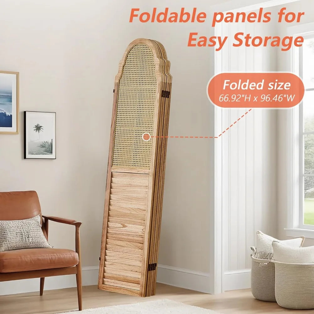 6 Panel Room Divider, Rattan Folding Screen Room Dividers, Privacy Dividers for Rooms, Louvered Partition Divider, Room Divider