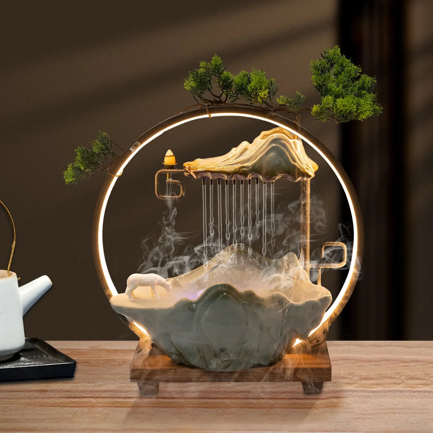 Tabletop Water Fountain Indoor Waterfall Decoration with Mist Rockery Horse and Plants LED for Meditation Feng Shui Decor