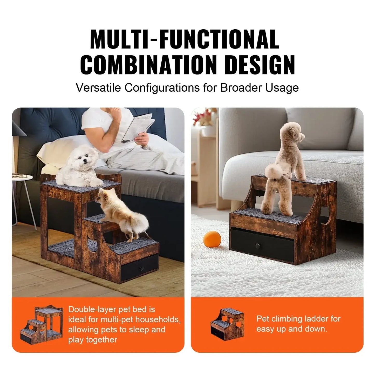 Pet Bunk Bed with Stairs for Dogs and Cats Indoor Window Perch with Storage in Brown