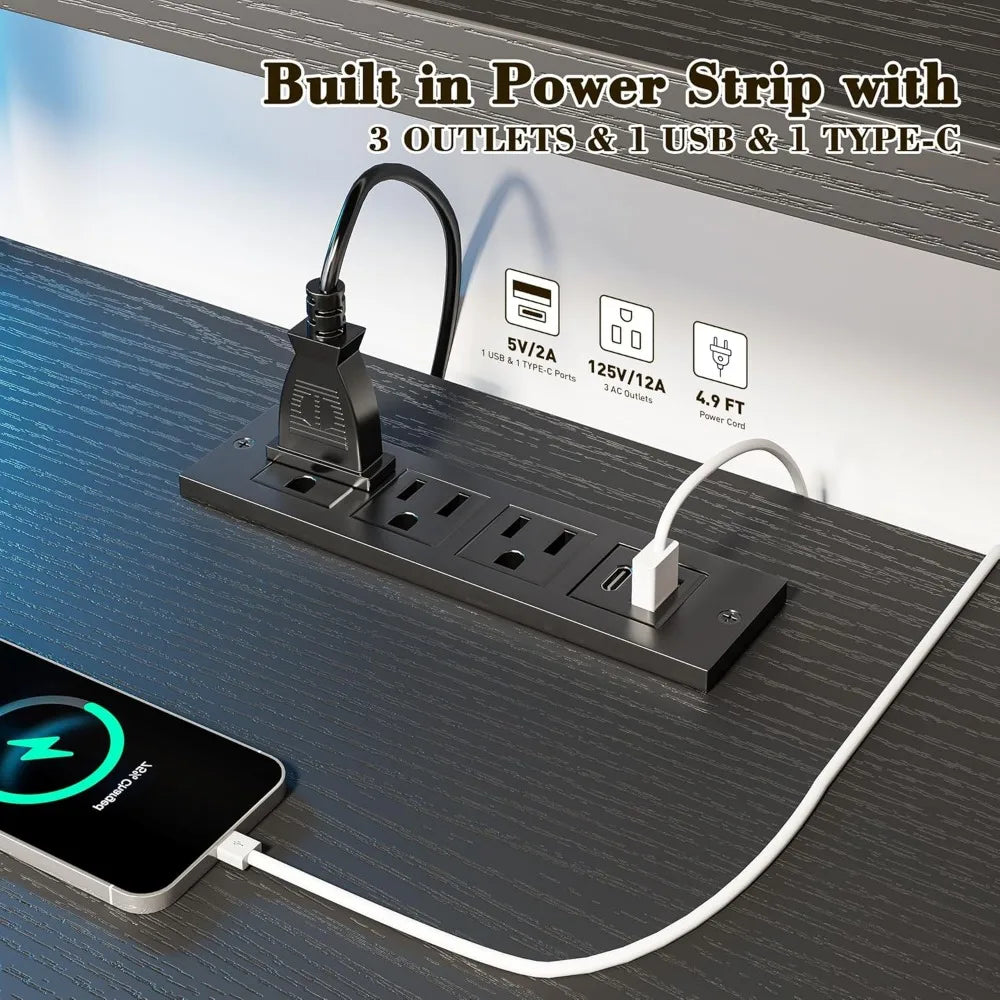 Gaming Desk With LED Lights Computer Desk With Drawers Home Office Desks With Power Outlets And Storage