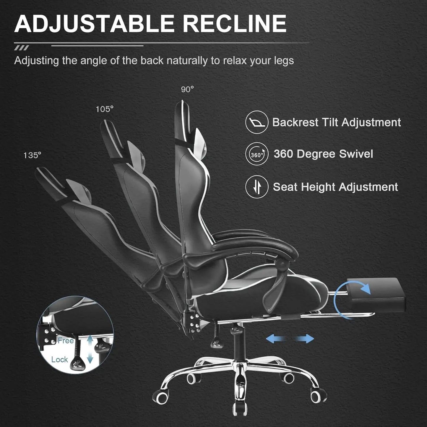 Gaming Chair Computer Chair with Footrest and Lumbar Support Height Adjustable Game Chair with 360 Degree Swivel Seat and Headrest for Office or Gaming Pure White