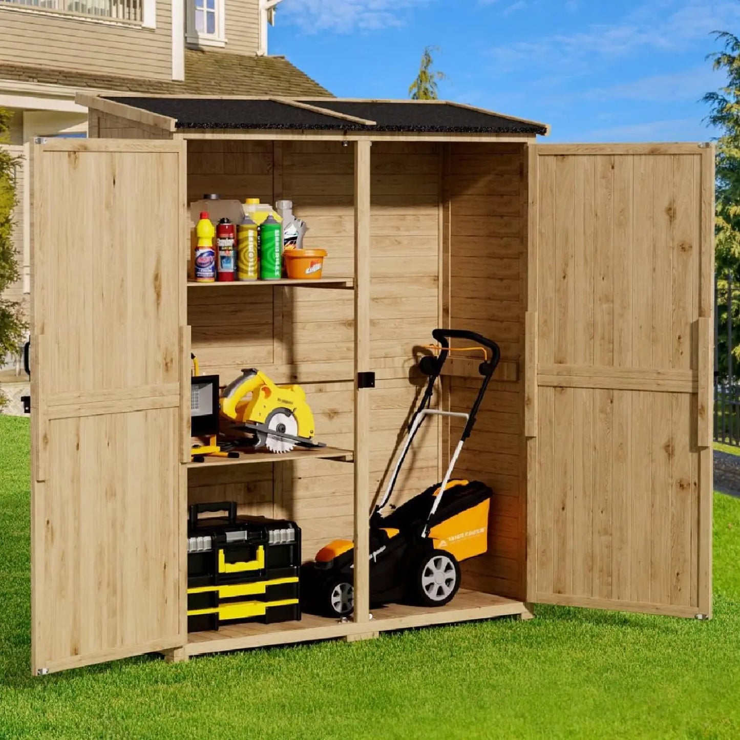 Outdoor Storage Cabinet with Waterproof Roof Double Lockable Doors Garden Shed and 2 Removable Shelves for Patio Garden Backyard Lawn
