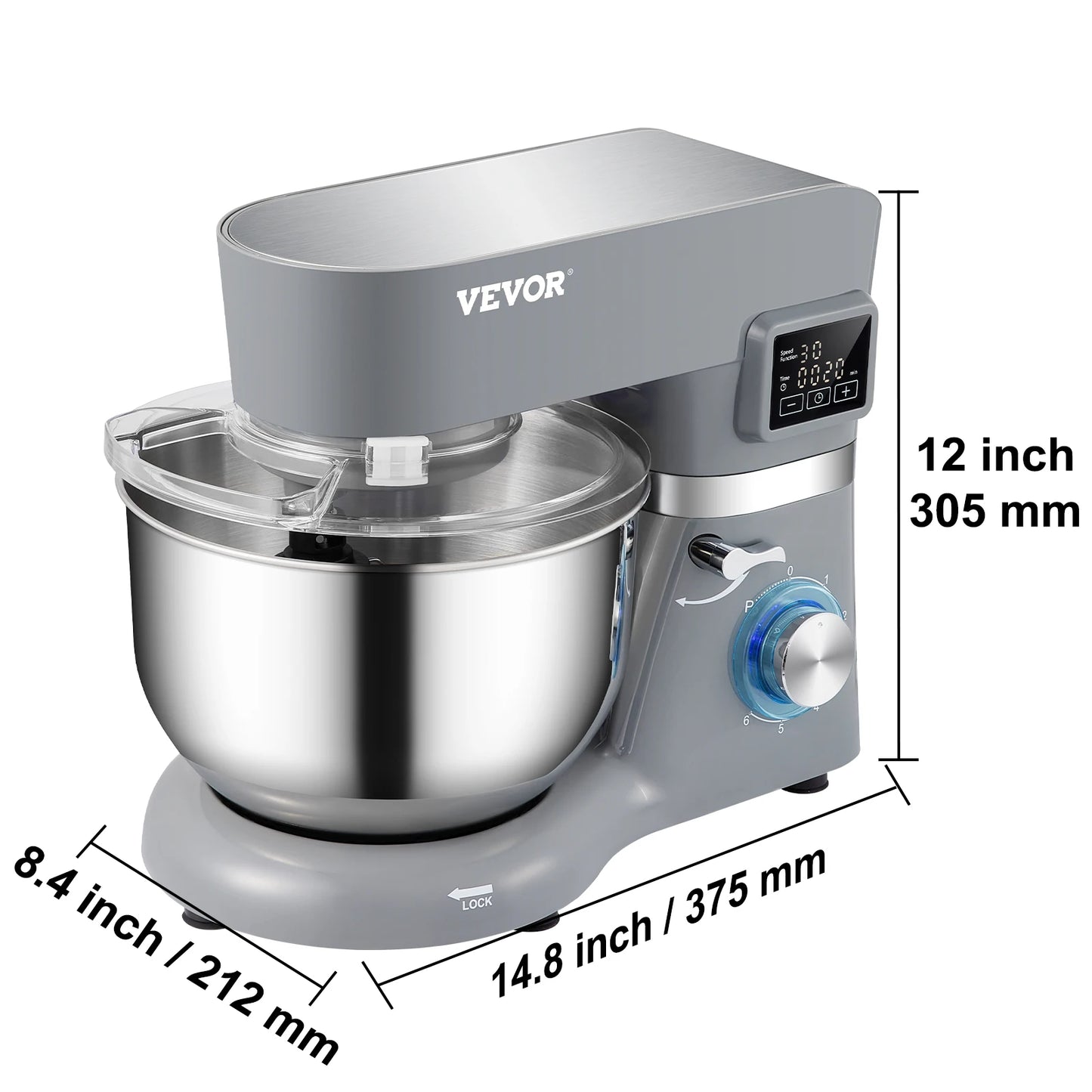VEVOR 5.5/7L Electric Stand Mixer with 6 Speeds LCD Screen Timing Food Mixer Cream Egg Whisk Dough Kneader with Stainless Steel Bowl