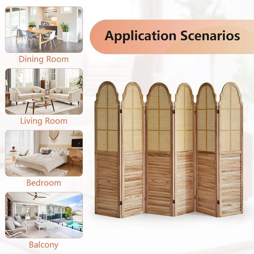 6 Panel Room Divider, Rattan Folding Screen Room Dividers, Privacy Dividers for Rooms, Louvered Partition Divider, Room Divider
