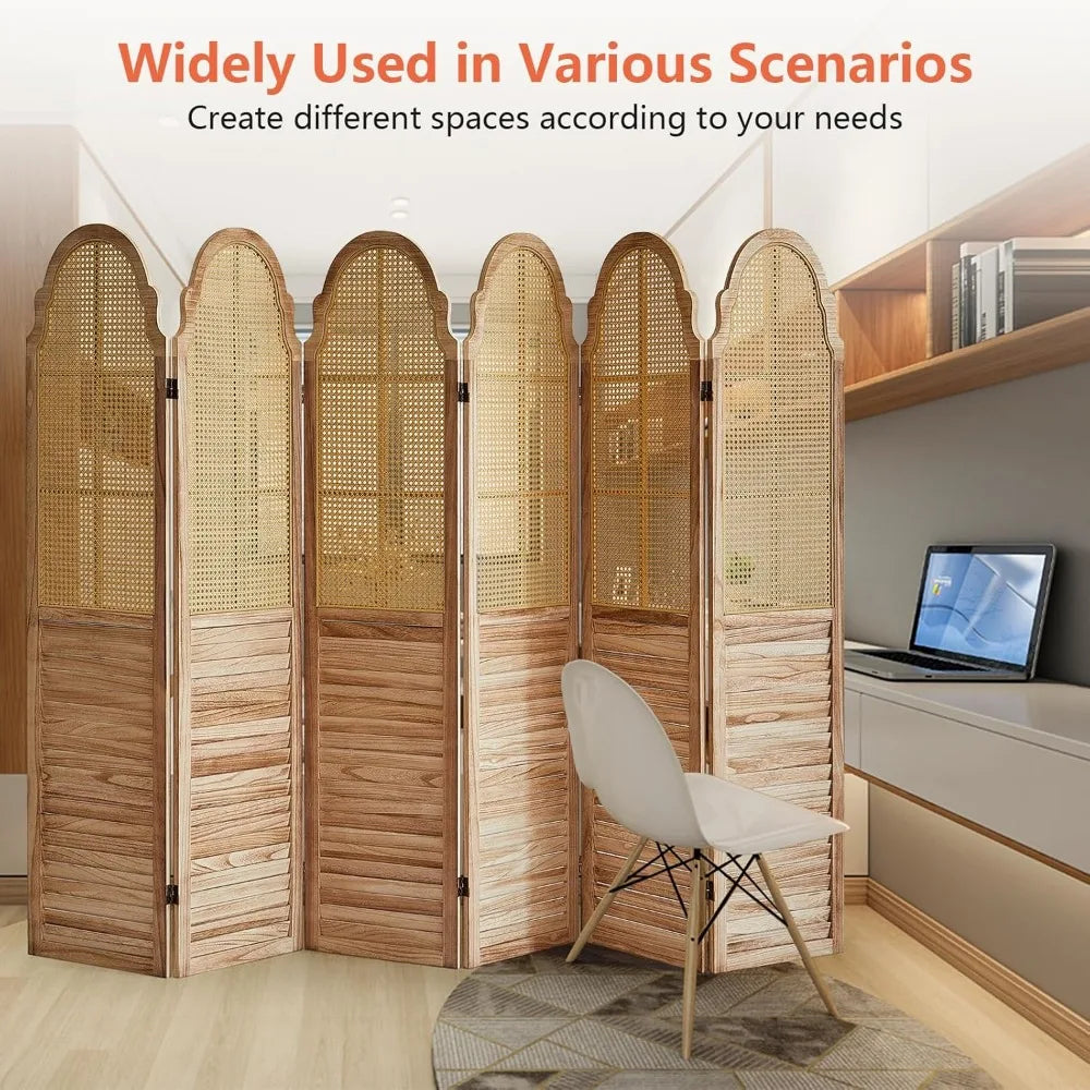6 Panel Room Divider, Rattan Folding Screen Room Dividers, Privacy Dividers for Rooms, Louvered Partition Divider, Room Divider