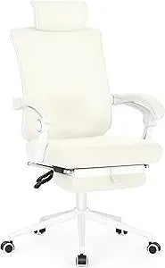 Ergonomic Office Chair with Footrest Adjustable Lumbar Support High Back Computer Chair Ivory White