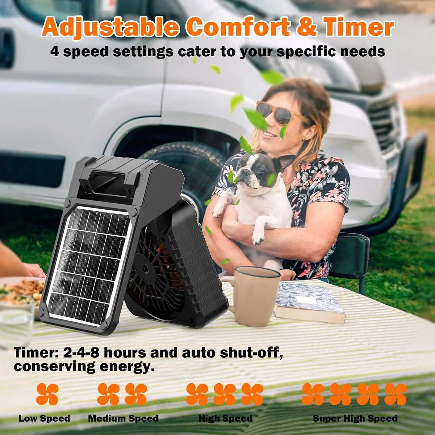 Solar Powered Camping Fan with LED Lantern and 10400mAh Rechargeable Battery Portable Eco Friendly Phone Charging Timer
