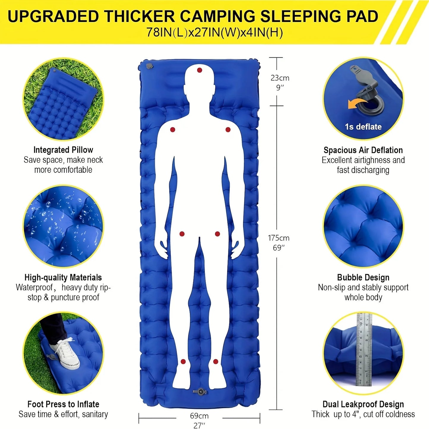 Outdoor Camping Super Thick 4 Inch Inflatable Sleeping Mat with Built In Pillow and Pump for Travel Hiking and Climbing
