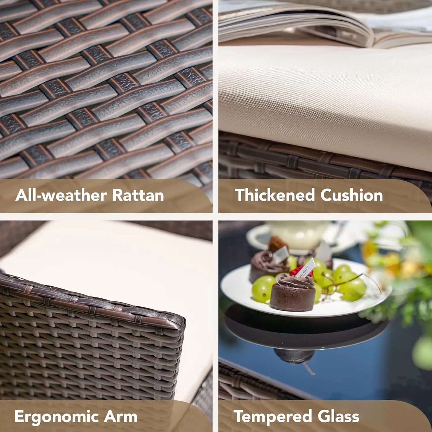 4 Pieces Outdoor Patio Furniture Set PE Rattan Wicker Chairs Balcony Lawn Porch Furniture with Beige Cushions and Table