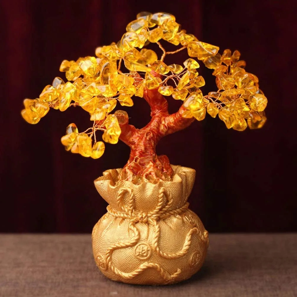 Crystal Money Bag Tree Figurine Yellow Lucky Wealth Tree