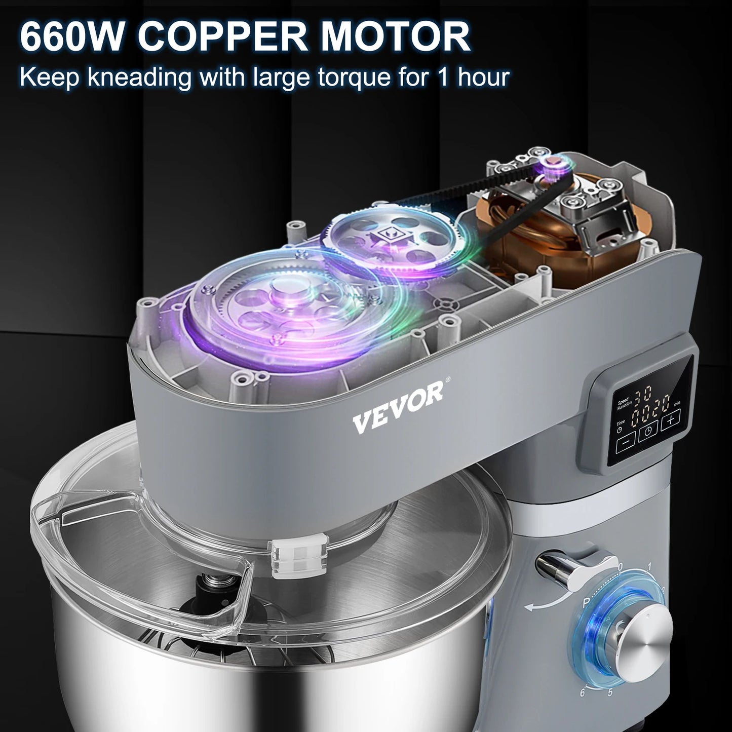 VEVOR 5.5/7L Electric Stand Mixer with 6 Speeds LCD Screen Timing Food Mixer Cream Egg Whisk Dough Kneader with Stainless Steel Bowl