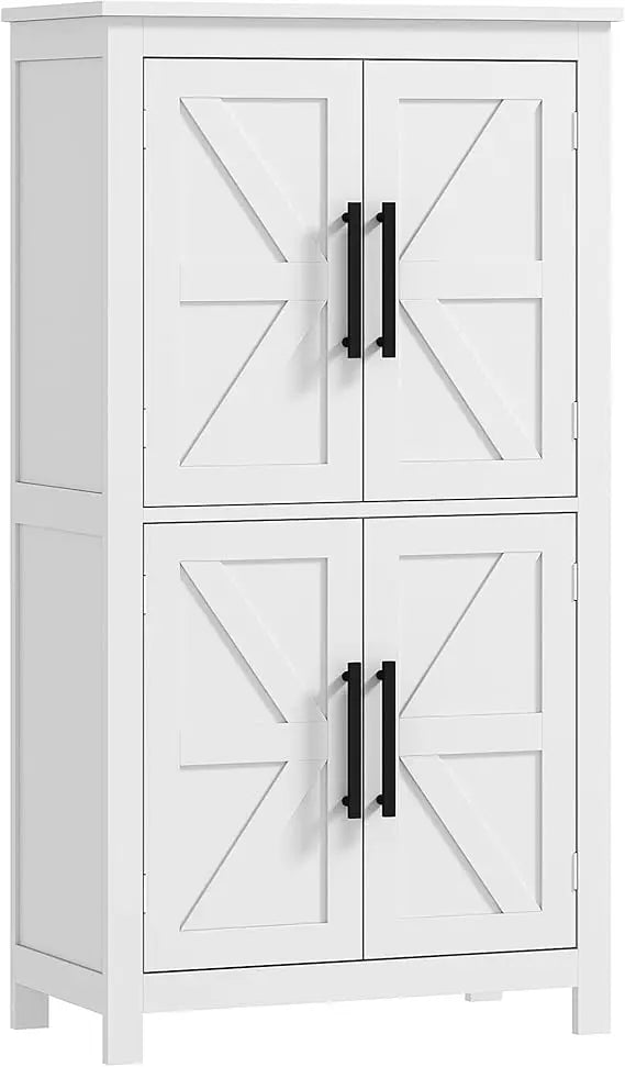 Farmhouse Bathroom Storage Cabinet with 4 Barn Doors and 2 Adjustable Shelves Freestanding Floor Cupboard in White