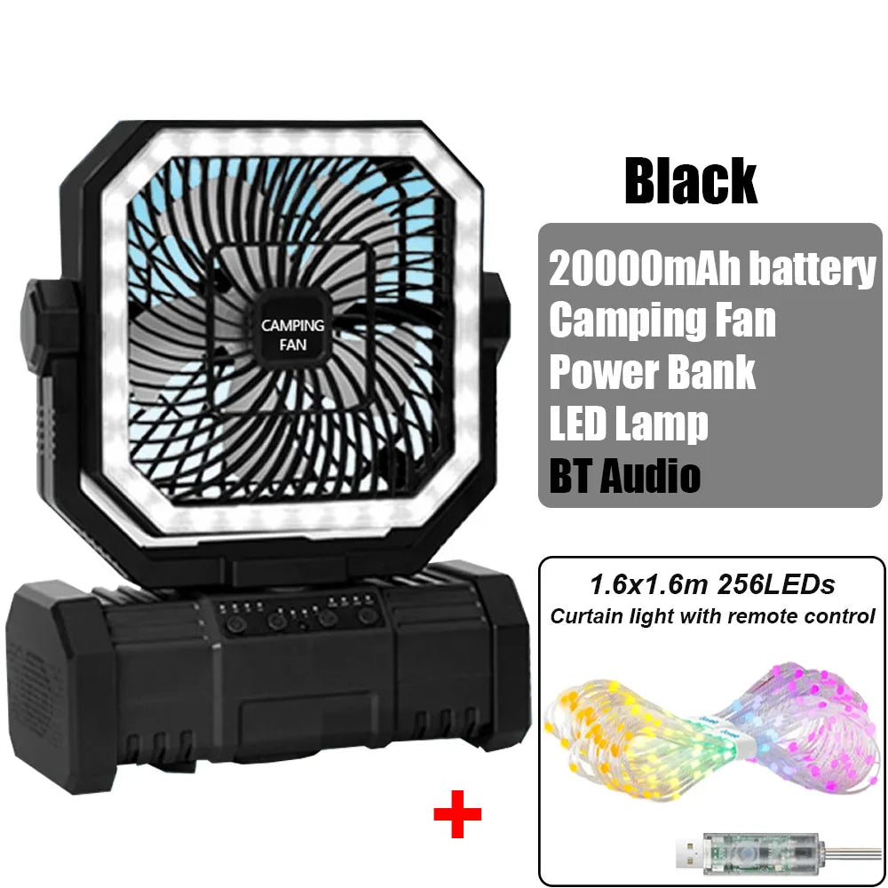 Multi Function Bluetooth Camping Fan 20000mAh Portable Power Bank LED String Lights for Outdoor Activities
