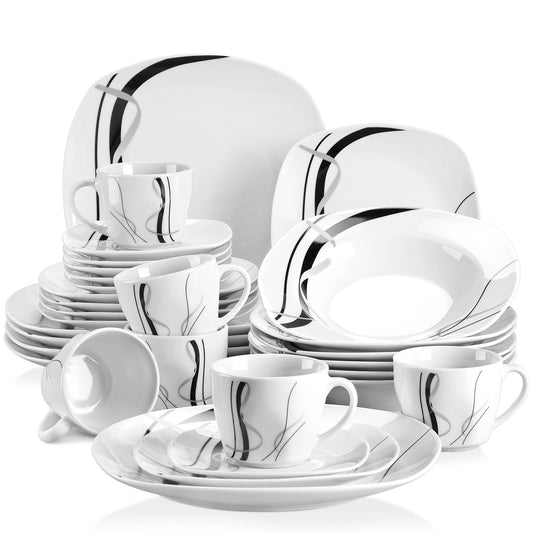 Veweet Fiona 30/60 Piece Black Lines Porcelain Ceramic Tableware Set with Dessert Plates Soup Plates Dinner Plates Cups Saucers