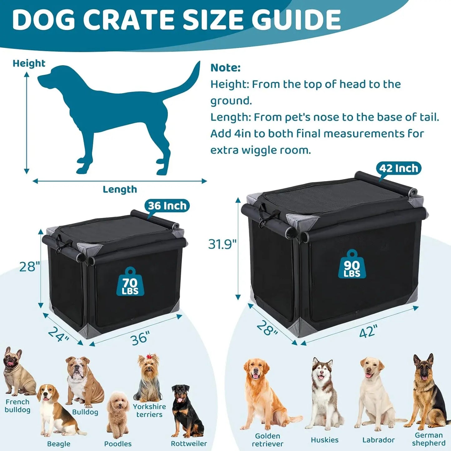 Collapsible Dog Crate 36 Inch 42 Inch Outdoor Travel Dog Crate Portable Fabric Cover Kennel by Iron Pipe with Four Mesh Windows