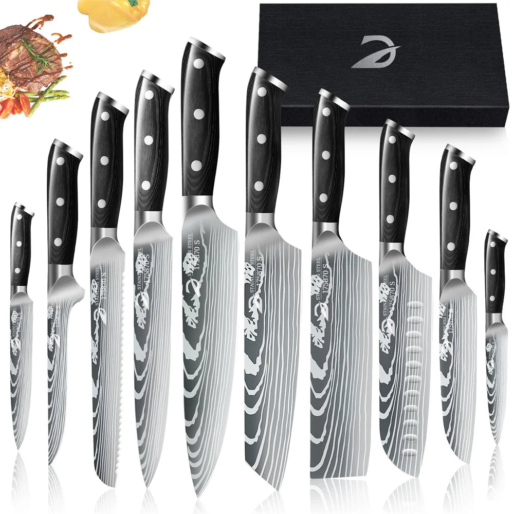 6/10pcs Black handle Kitchen Knives Gift Box Set Sharp Stainless Steel Chef knife Sankotu Cleaver Boning Paring knife
