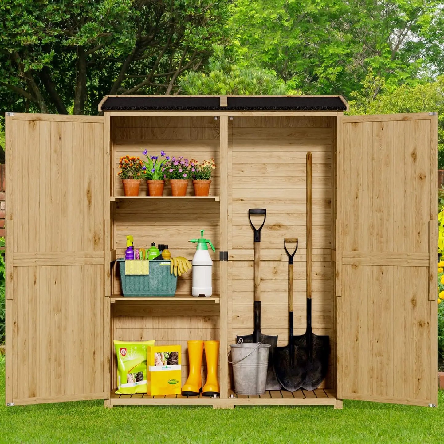 Outdoor Storage Cabinet with Waterproof Roof Double Lockable Doors Garden Shed and 2 Removable Shelves for Patio Garden Backyard Lawn