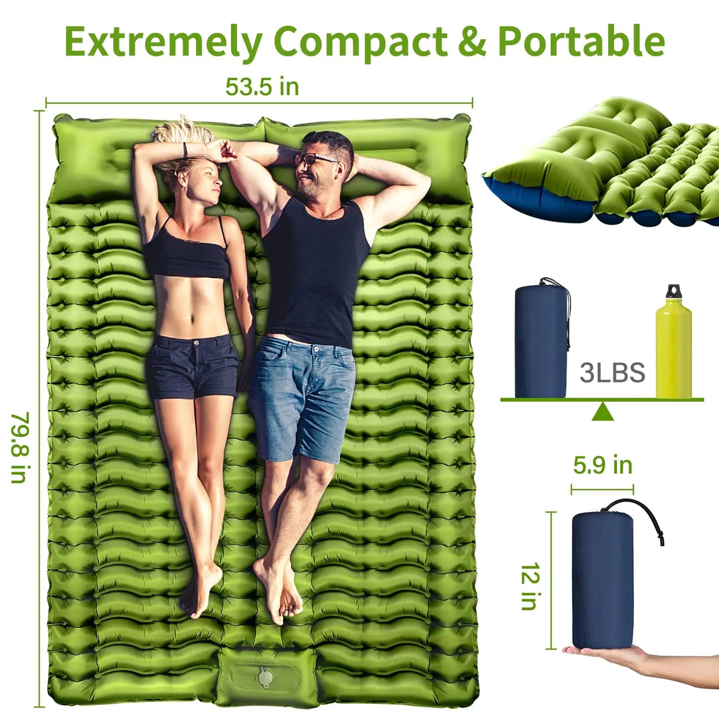 WESTTUNE Double Sleeping Pad 4 Inch Thick for Two Person with Built-in Pillow and Foot Pump Inflatable Mattress for Backpacking and Hiking