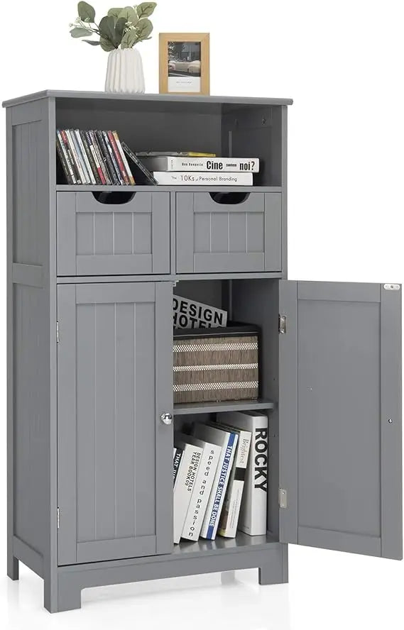 Bathroom Floor Cabinet Storage Cabinet with Open Shelf 2 Doors and 2 Adjustable Drawers Standing Cupboard for Kitchen and Bathroom