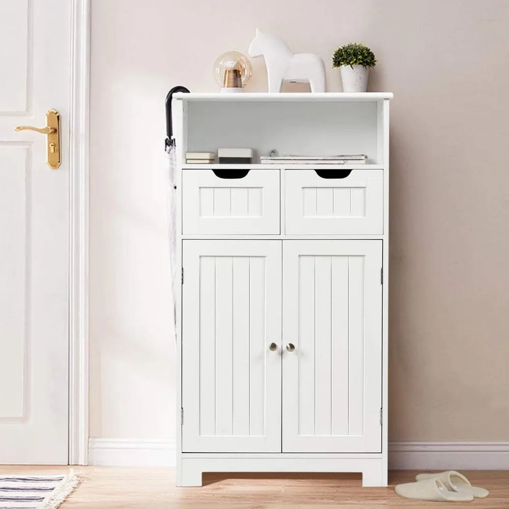 Bathroom Floor Cabinet Storage Cabinet with Open Shelf 2 Doors and 2 Adjustable Drawers Standing Cupboard for Kitchen and Bathroom