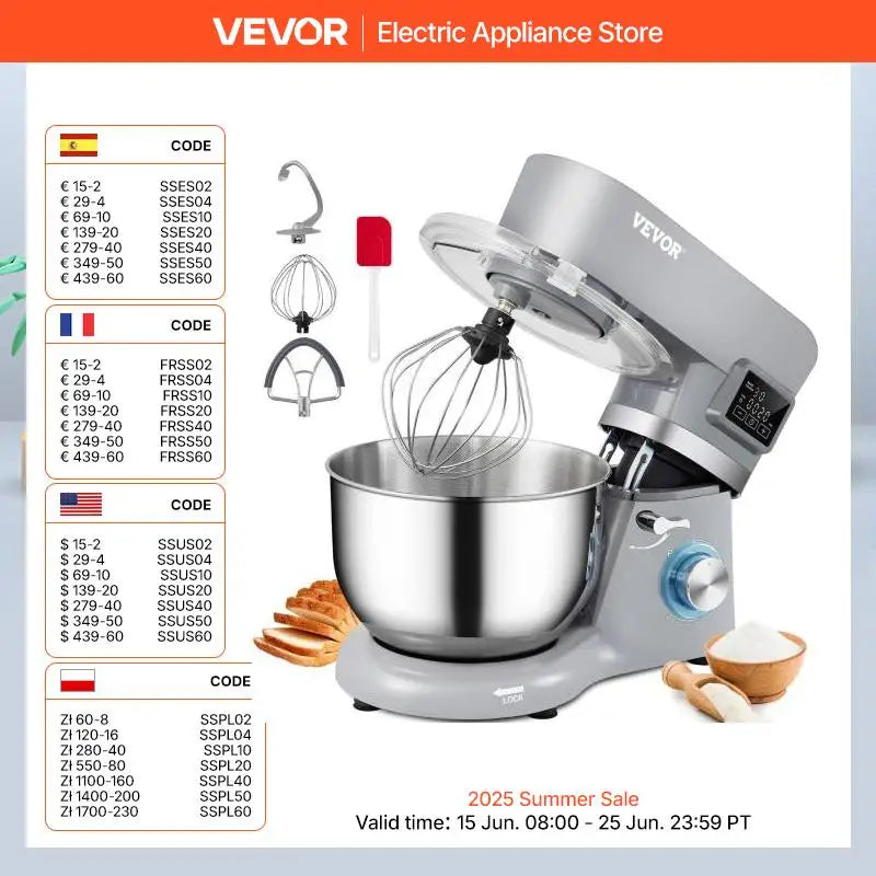 VEVOR 5.5/7L Electric Stand Mixer with 6 Speeds LCD Screen Timing Food Mixer Cream Egg Whisk Dough Kneader with Stainless Steel Bowl