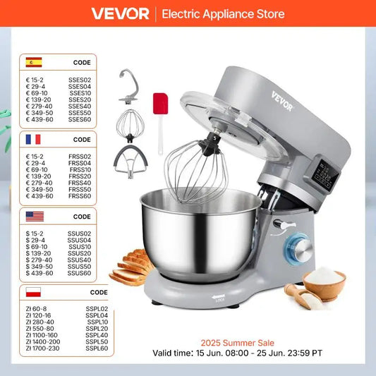VEVOR 5.5/7L Electric Stand Mixer with 6 Speeds LCD Screen Timing Food Mixer Cream Egg Whisk Dough Kneader with Stainless Steel Bowl