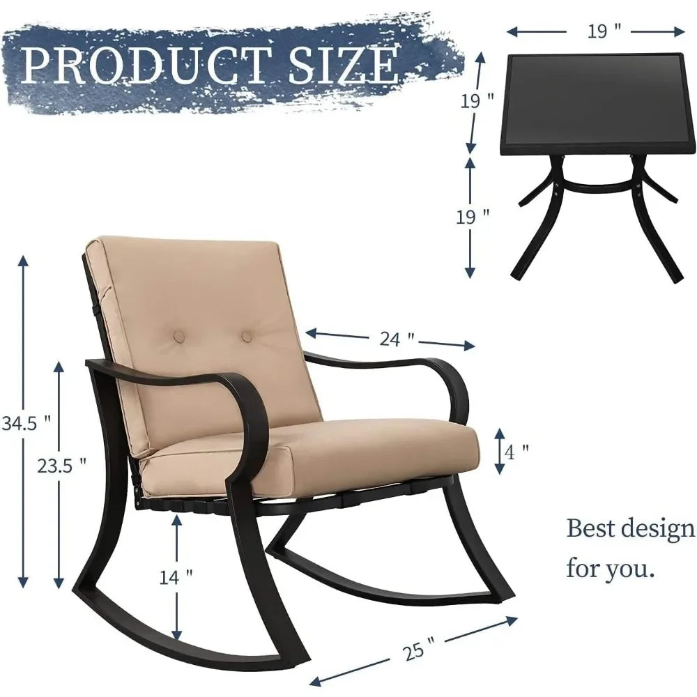 Furniture 3 Piece Conversation Bistro Set Rocking Chairs with Glass Top Table Thick Cushions Black Steel
