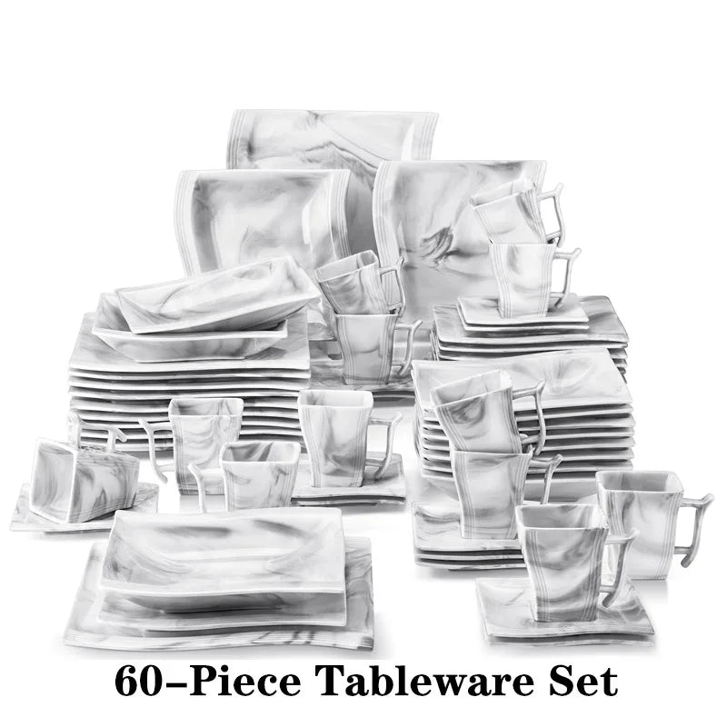 Malacasa Flora Marble Porcelain Dinnerware Set 30/60 Pieces with Dinner Plates Dessert Plates Soup Plates Cups and Saucers