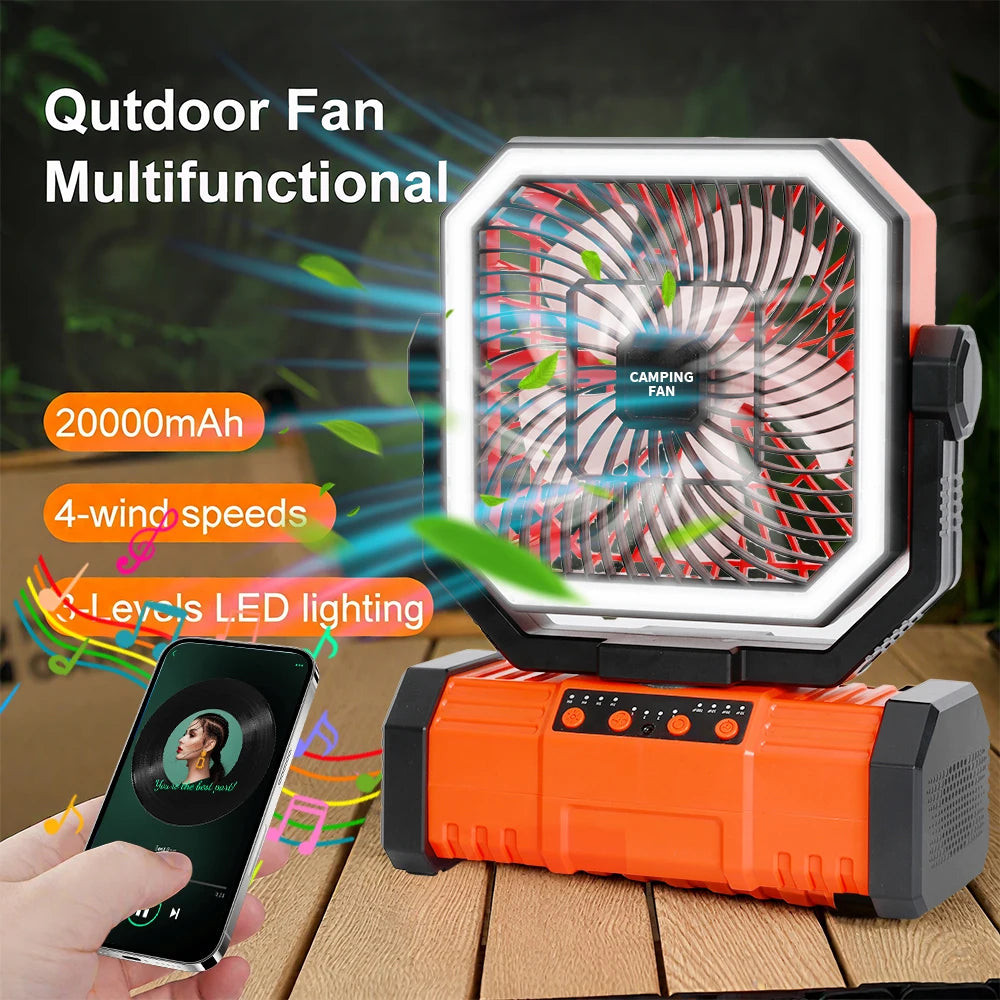 Multi Function Bluetooth Camping Fan 20000mAh Portable Power Bank LED String Lights for Outdoor Activities