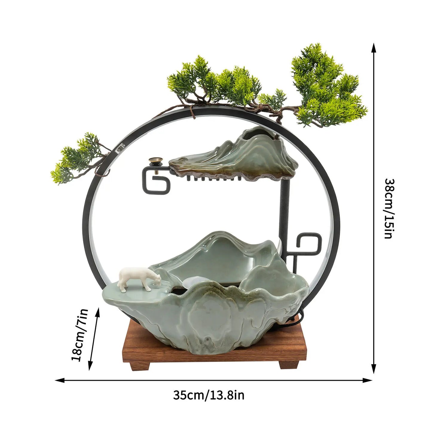 Tabletop Water Fountain Indoor Waterfall Decoration with Mist Rockery Horse and Plants LED for Meditation Feng Shui Decor