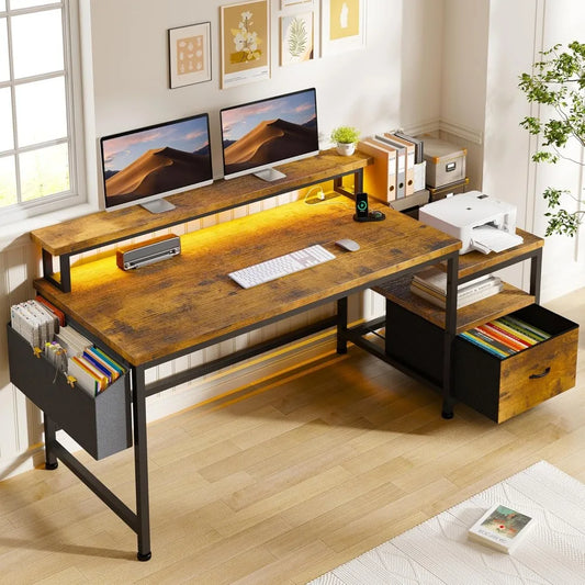 57 Inch Computer Desk with Drawers and Printer Space Office Desk with Power Outlets Home Office Desk with File Drawers Cabinet