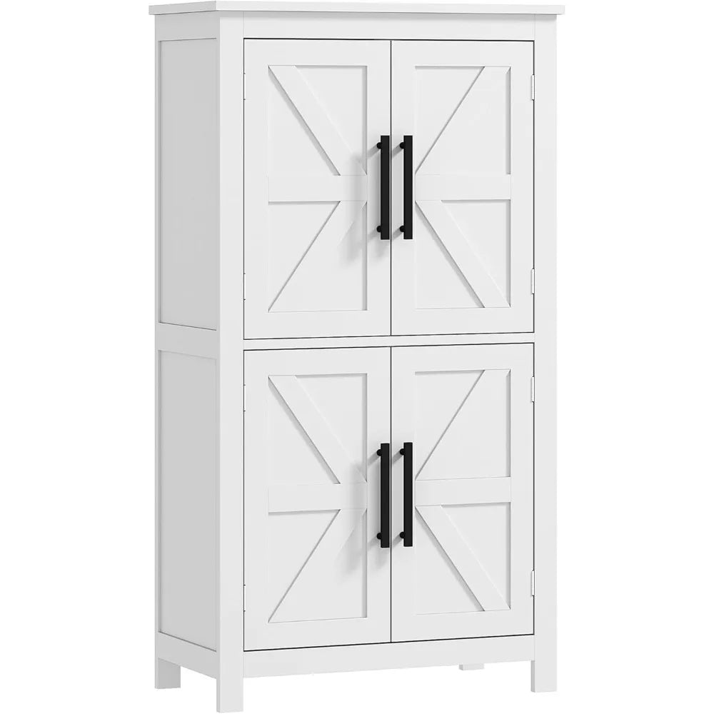 Farmhouse Bathroom Storage Cabinet with 4 Barn Doors and 2 Adjustable Shelves Freestanding Floor Cupboard in White