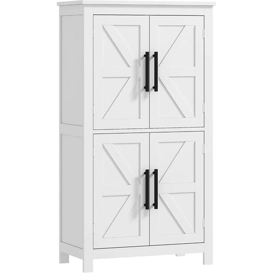 Farmhouse Bathroom Storage Cabinet with 4 Barn Doors and 2 Adjustable Shelves Freestanding Floor Cupboard in White