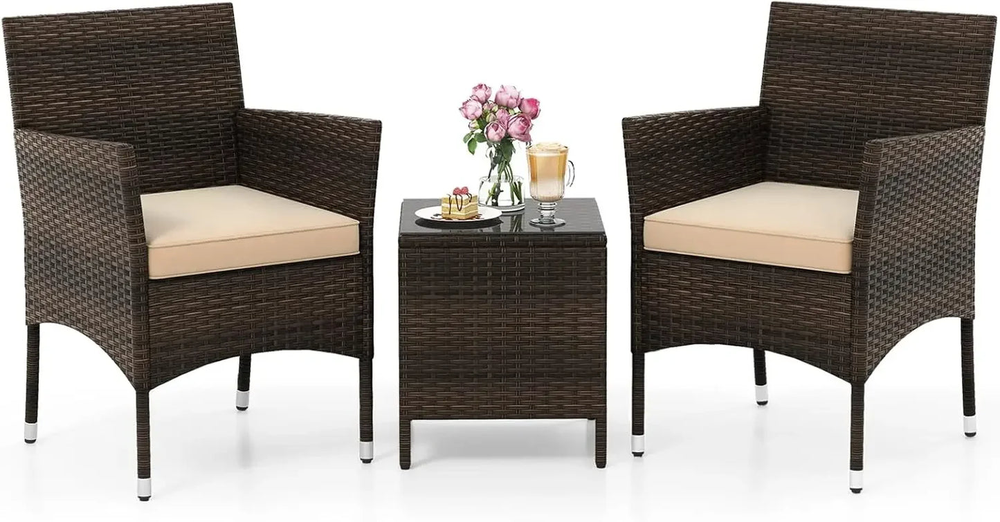 Three Piece Patio Set Outdoor Wicker Chairs With Glass Table