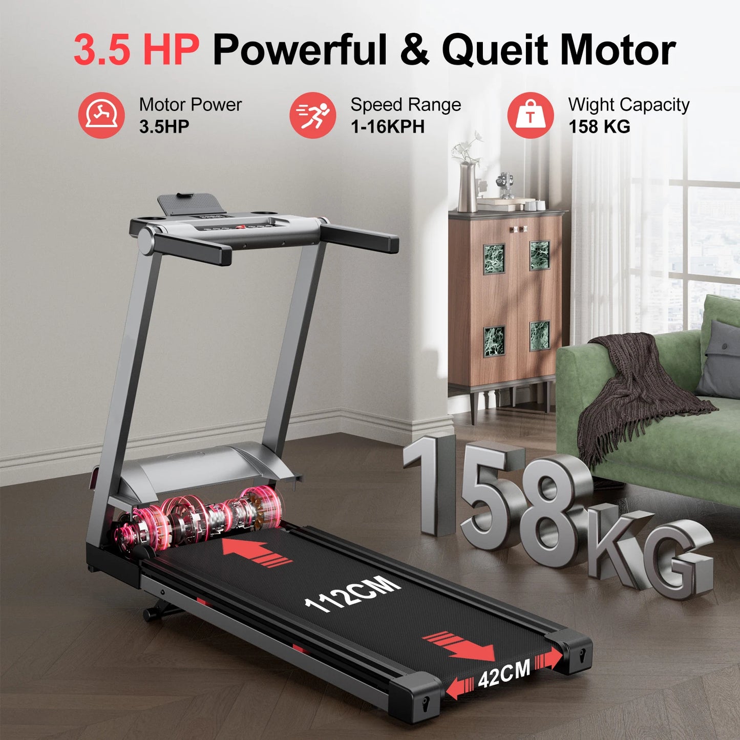 Three Point Five HP Foldable Incline Treadmill Touch Screen