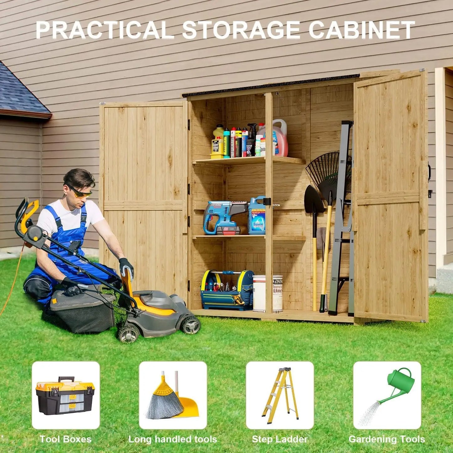 Outdoor Storage Cabinet with Waterproof Roof Double Lockable Doors Garden Shed and 2 Removable Shelves for Patio Garden Backyard Lawn