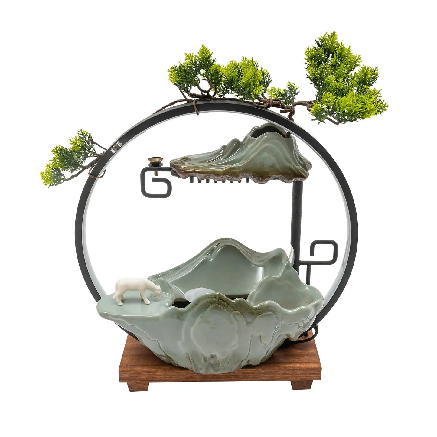 Tabletop Water Fountain Indoor Waterfall Decoration with Mist Rockery Horse and Plants LED for Meditation Feng Shui Decor
