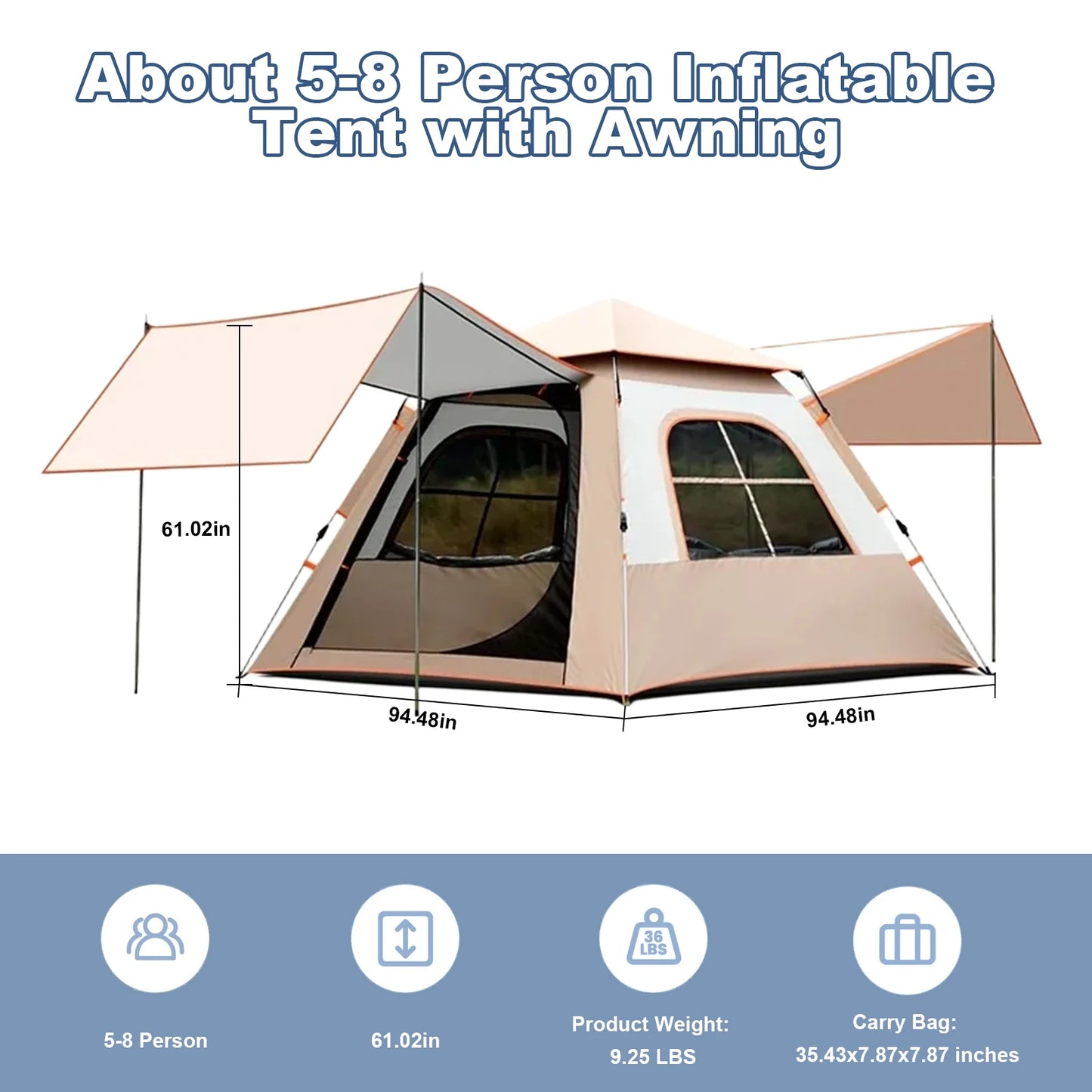 Outdoor Black Rubber Portable Automatic Pole Waterproof Camping Tent with Two Doors and Two Windows Large Air Tent