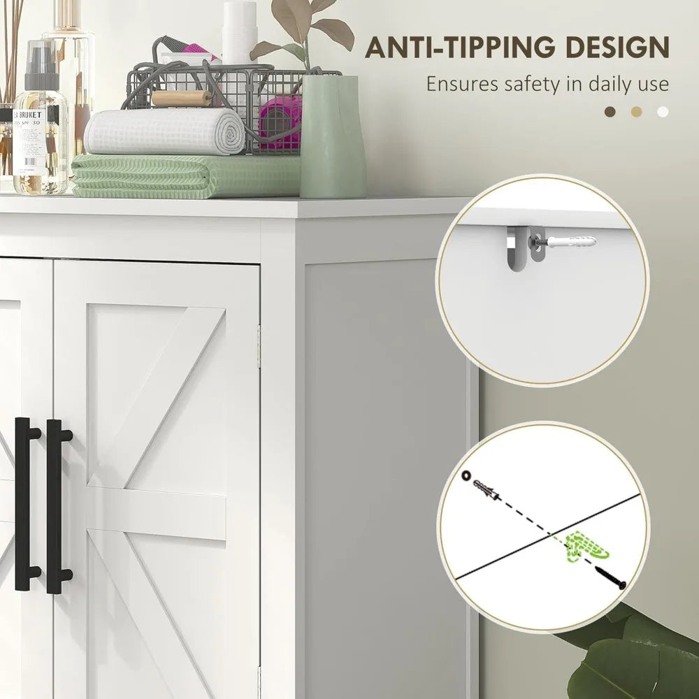 Farmhouse Bathroom Storage Cabinet with 4 Barn Doors and 2 Adjustable Shelves Freestanding Floor Cupboard in White