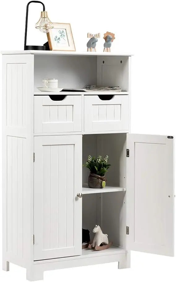 Bathroom Floor Cabinet Storage Cabinet with Open Shelf 2 Doors and 2 Adjustable Drawers Standing Cupboard for Kitchen and Bathroom