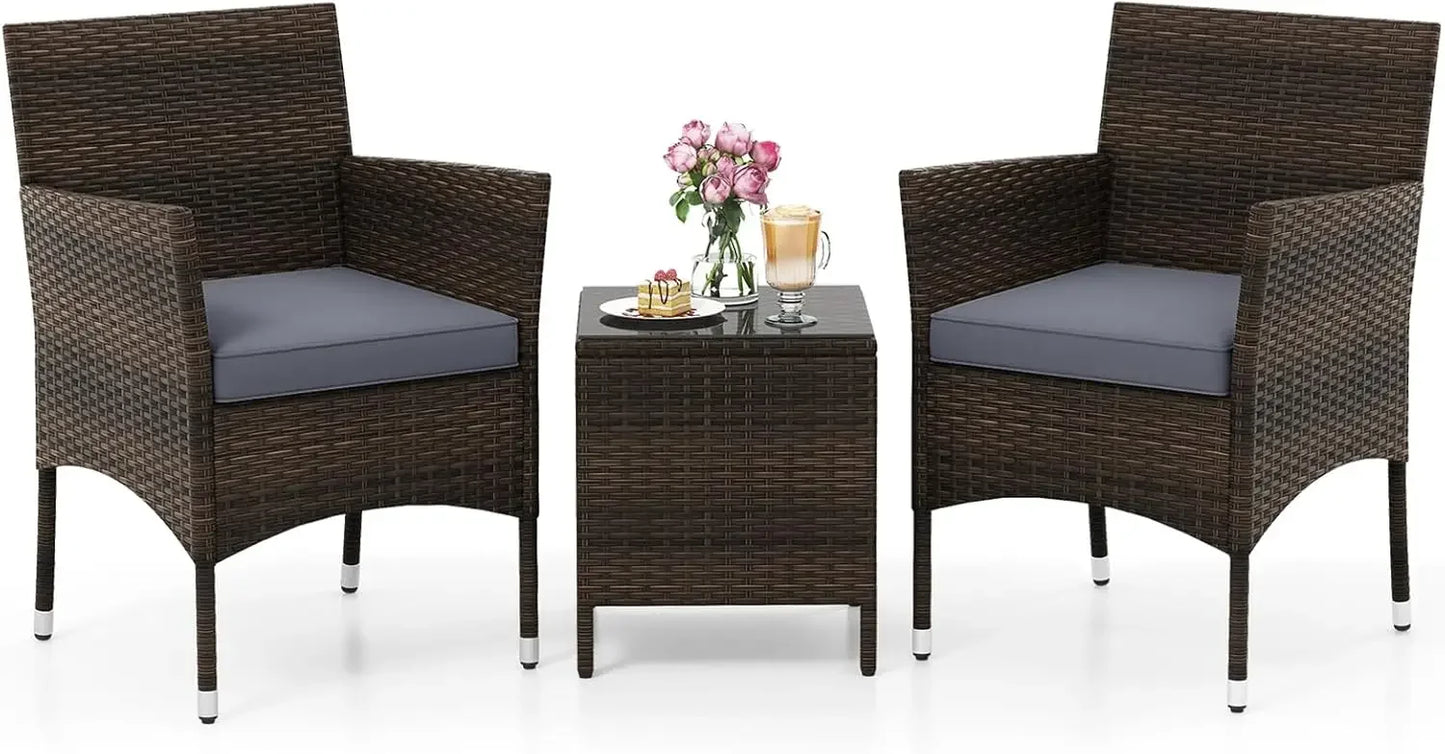 Three Piece Patio Set Outdoor Wicker Chairs With Glass Table