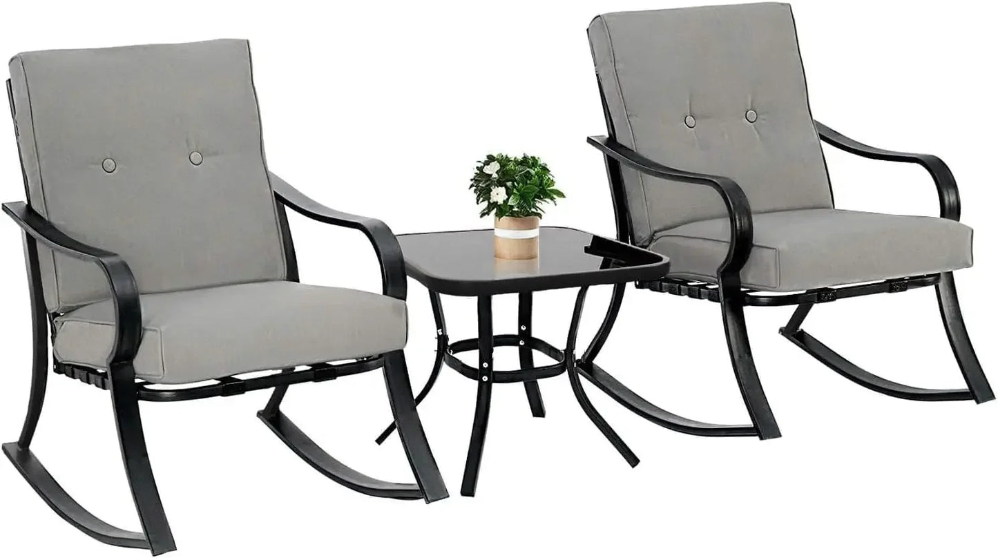 Furniture 3 Piece Conversation Bistro Set Rocking Chairs with Glass Top Table Thick Cushions Black Steel